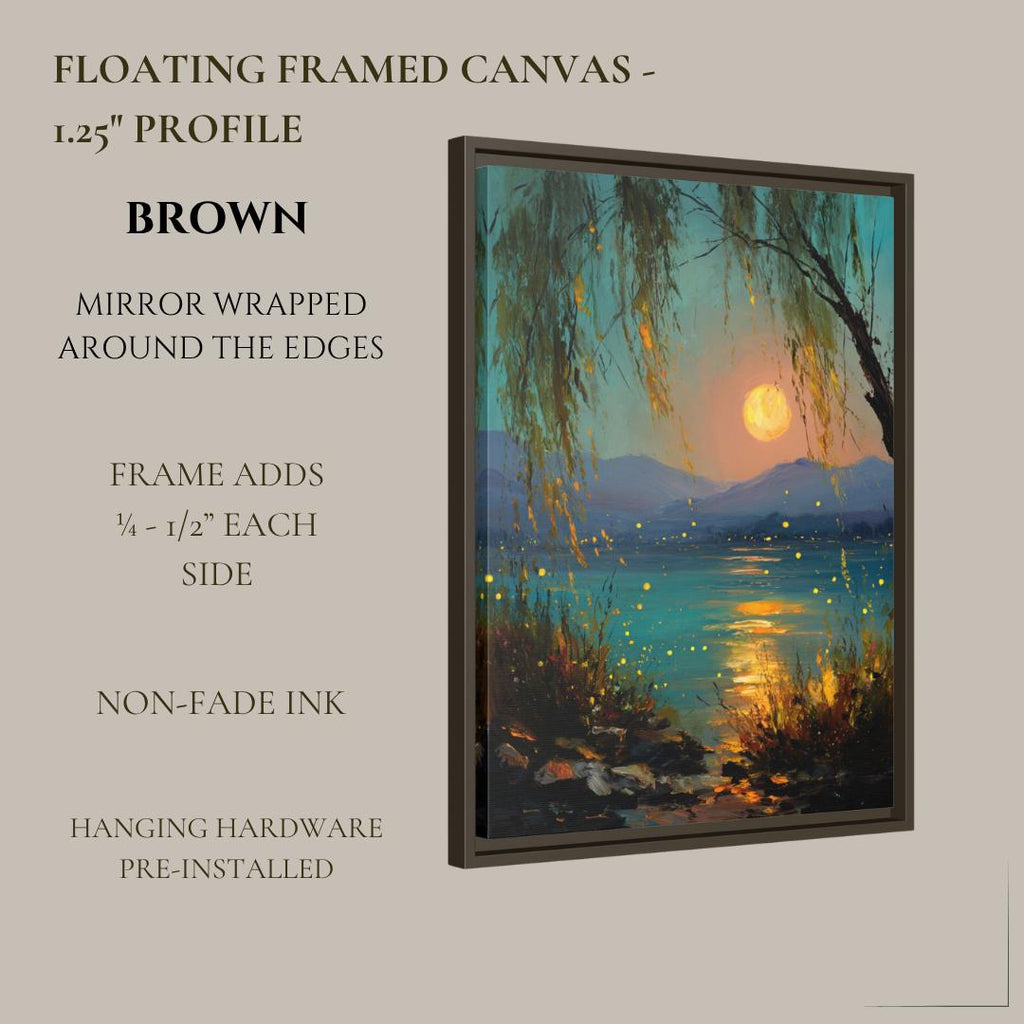 Moonlit Willow Lake Wall Art Print, Teal and Gold Landscape, Enchanted Fireflies Decor Artwork