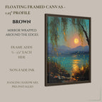 Moonlit Willow Lake Wall Art Print, Teal and Gold Landscape, Enchanted Fireflies Decor Artwork