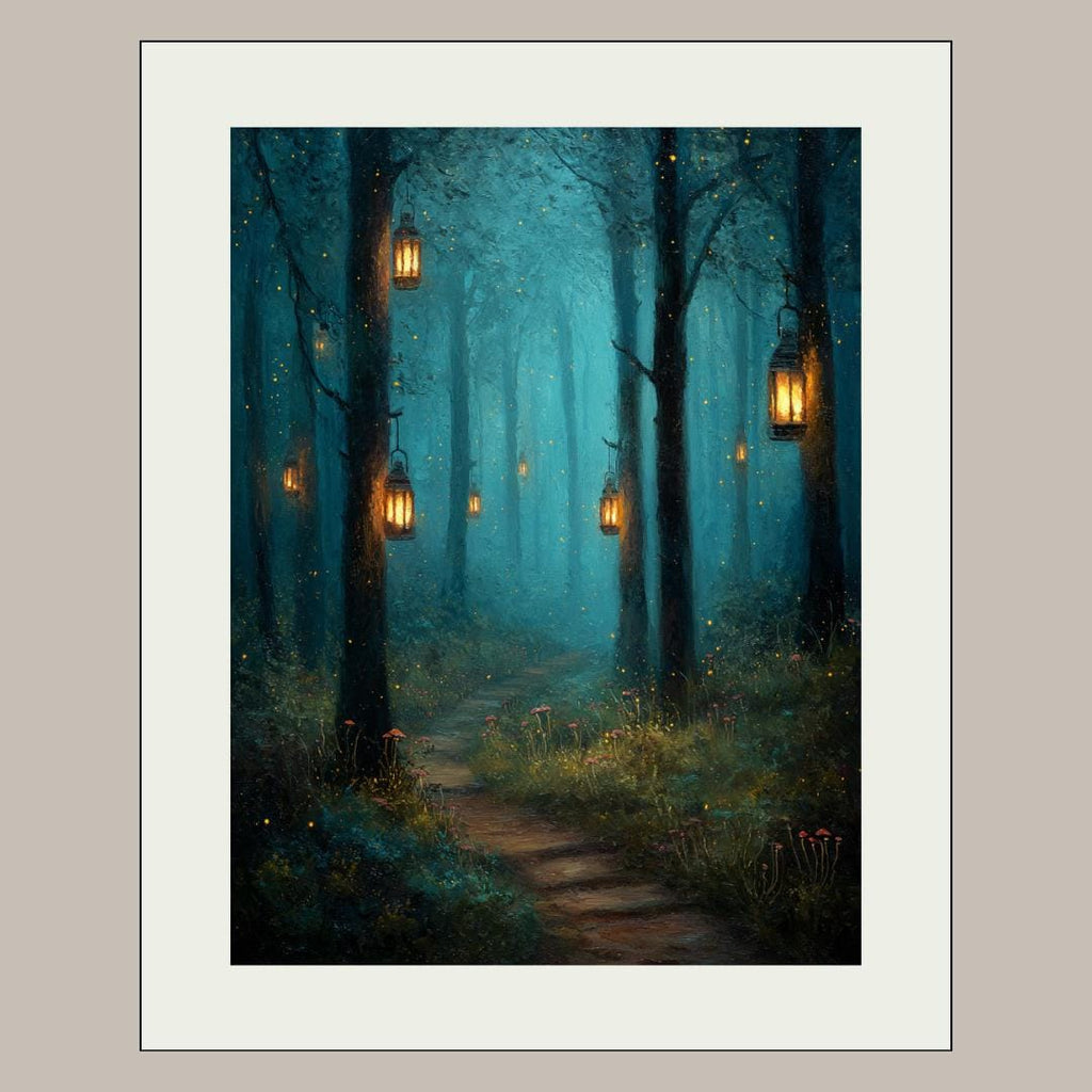 Enchanted Woodland Path Print Golden Lanterns Moonlit Trees Wall Art, Magical Whimsical Decor
