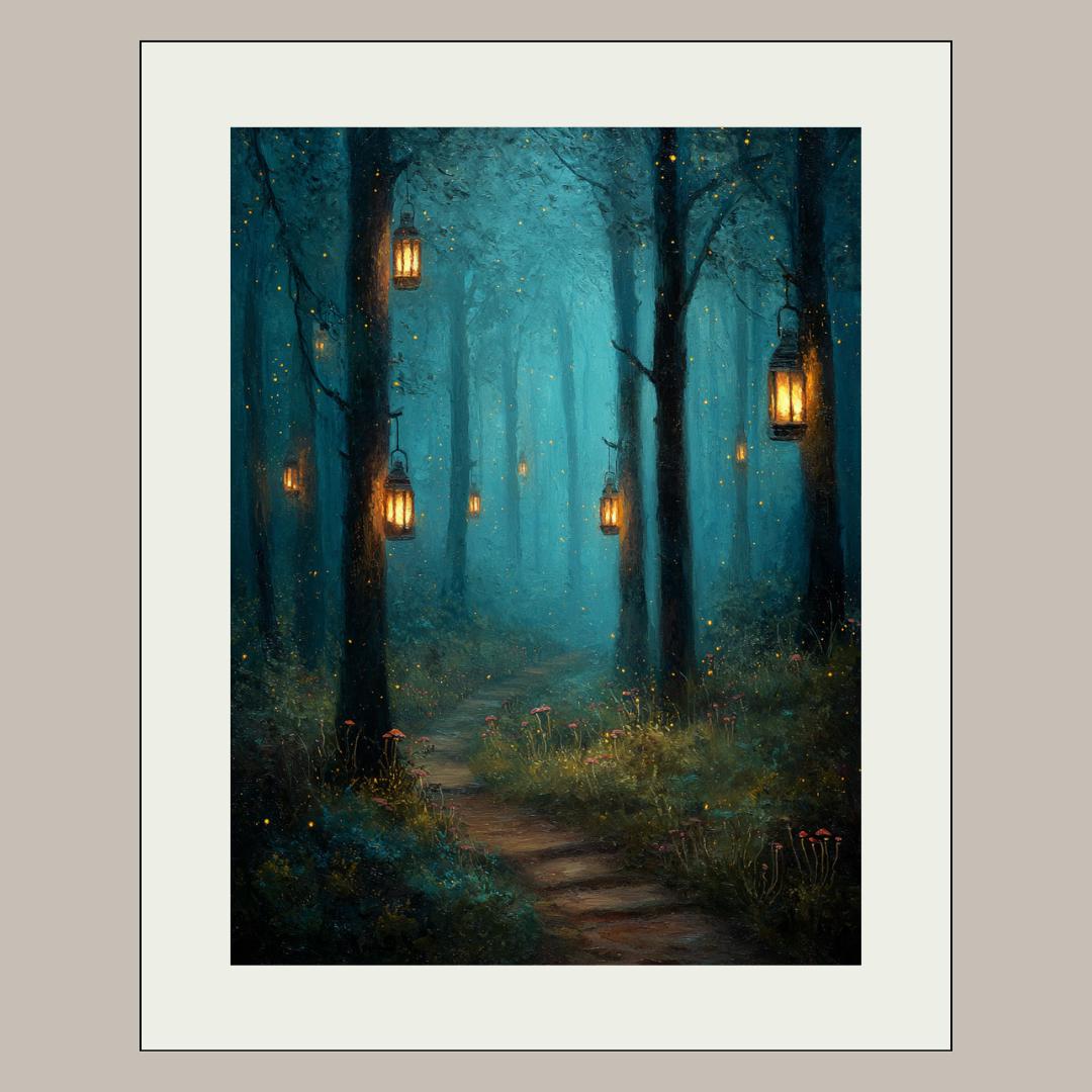 Enchanted Woodland Path Print Golden Lanterns Moonlit Trees Wall Art, Magical Whimsical Decor