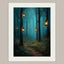 Enchanted Woodland Path Print Golden Lanterns Moonlit Trees Wall Art, Magical Whimsical Decor
