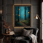 Enchanted Woodland Path Print Golden Lanterns Moonlit Trees Wall Art, Magical Whimsical Decor