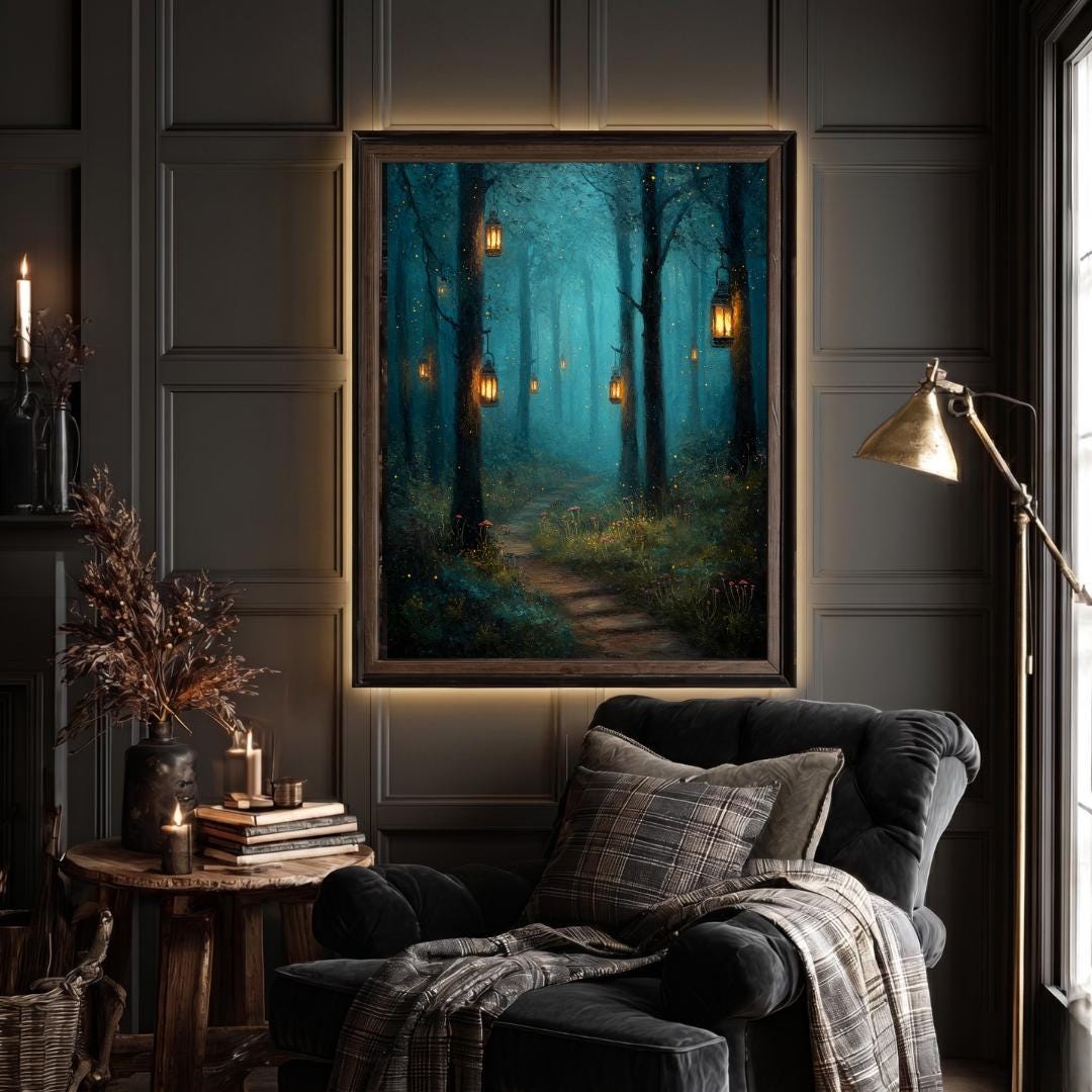 Enchanted Woodland Path Print Golden Lanterns Moonlit Trees Wall Art, Magical Whimsical Decor