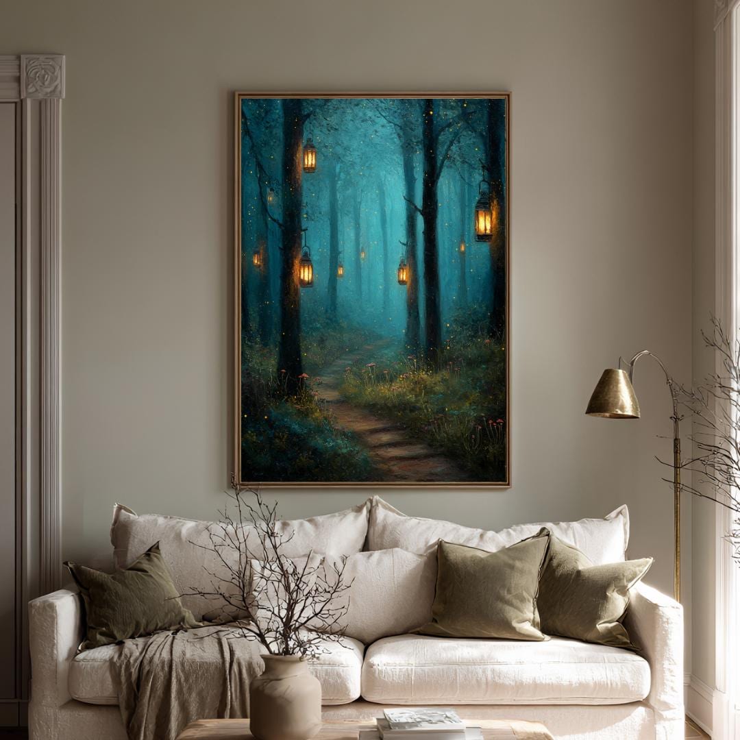 Enchanted Woodland Path Print Golden Lanterns Moonlit Trees Wall Art, Magical Whimsical Decor