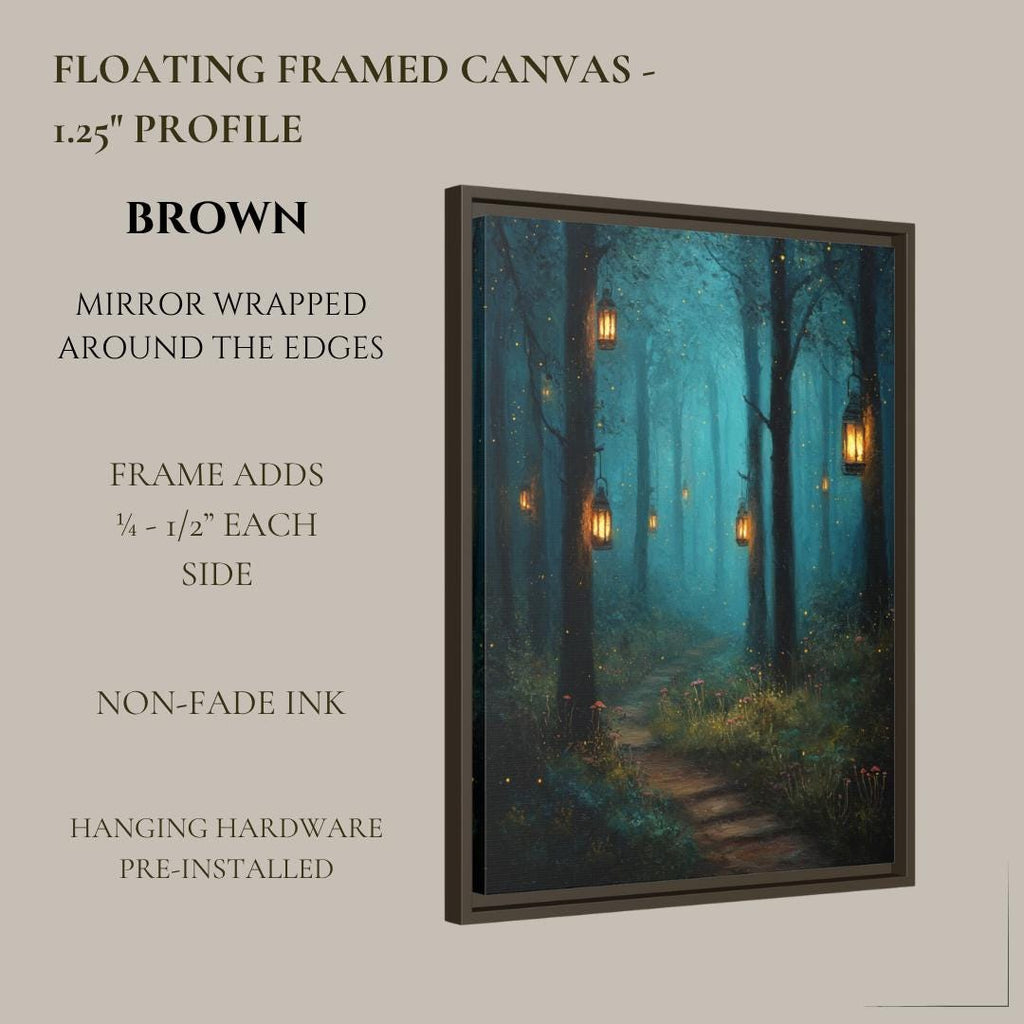 Enchanted Woodland Path Print Golden Lanterns Moonlit Trees Wall Art, Magical Whimsical Decor
