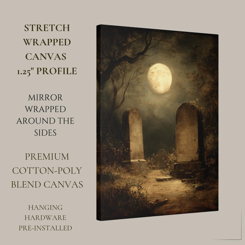 Gothic Graveyard Wall Art Print, Moonlit Cemetery Landscape, Dark Academia Tombstone Decor Artwork