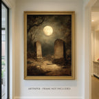 Gothic Graveyard Wall Art Print, Moonlit Cemetery Landscape, Dark Academia Tombstone Decor Artwork