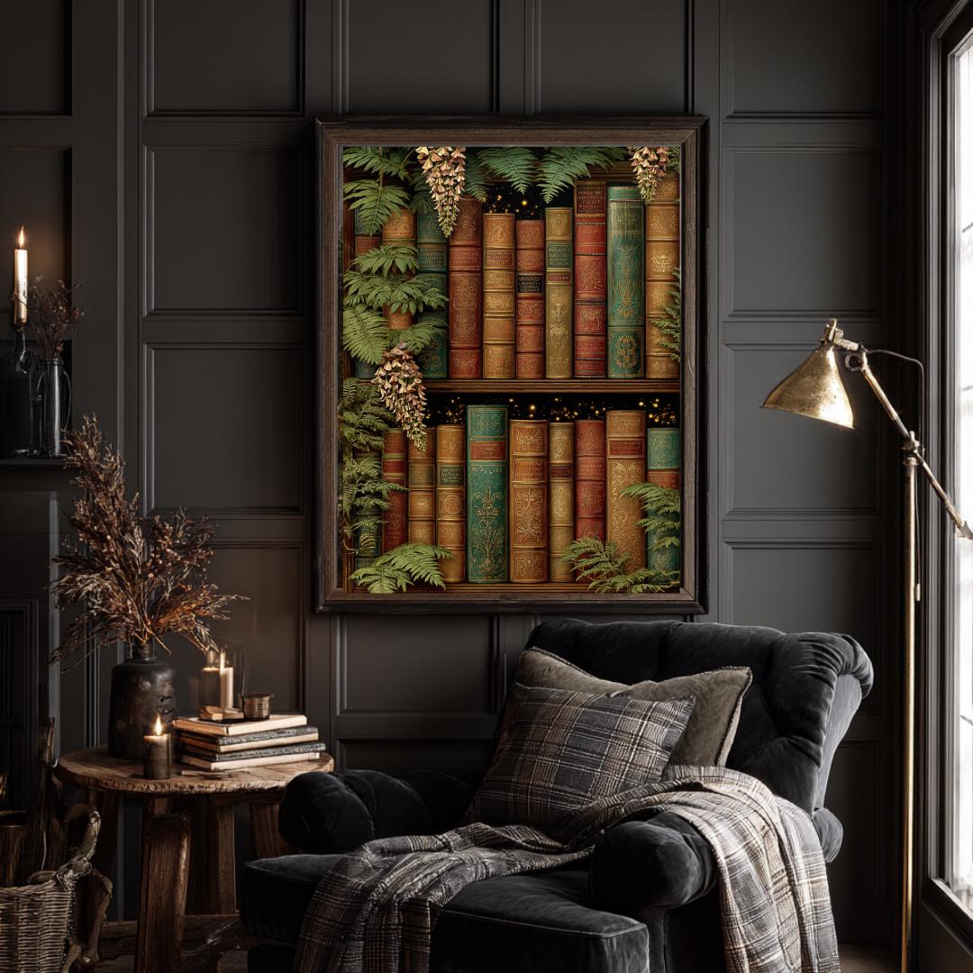 Vintage Bookshelf Wall Art Print, Dark Academia Library Decor, Botanical Book Lover Artwork Secondary image