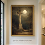 Moonlit Cross Tombstone Wall Art, Gothic Churchyard Print, Haunted Victorian Memorial Graveyard Decor