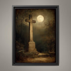 Moonlit Cross Tombstone Wall Art, Gothic Churchyard Print, Haunted Victorian Memorial Graveyard Decor