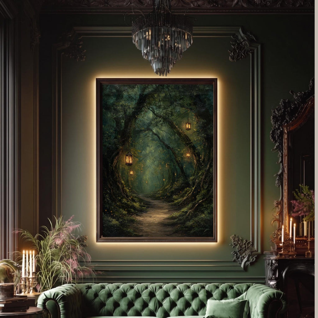 Lanterns Lighting Tunnel Through Trees, Forest Path Wall Art, Enchanted Fantasy Woodland Print,
