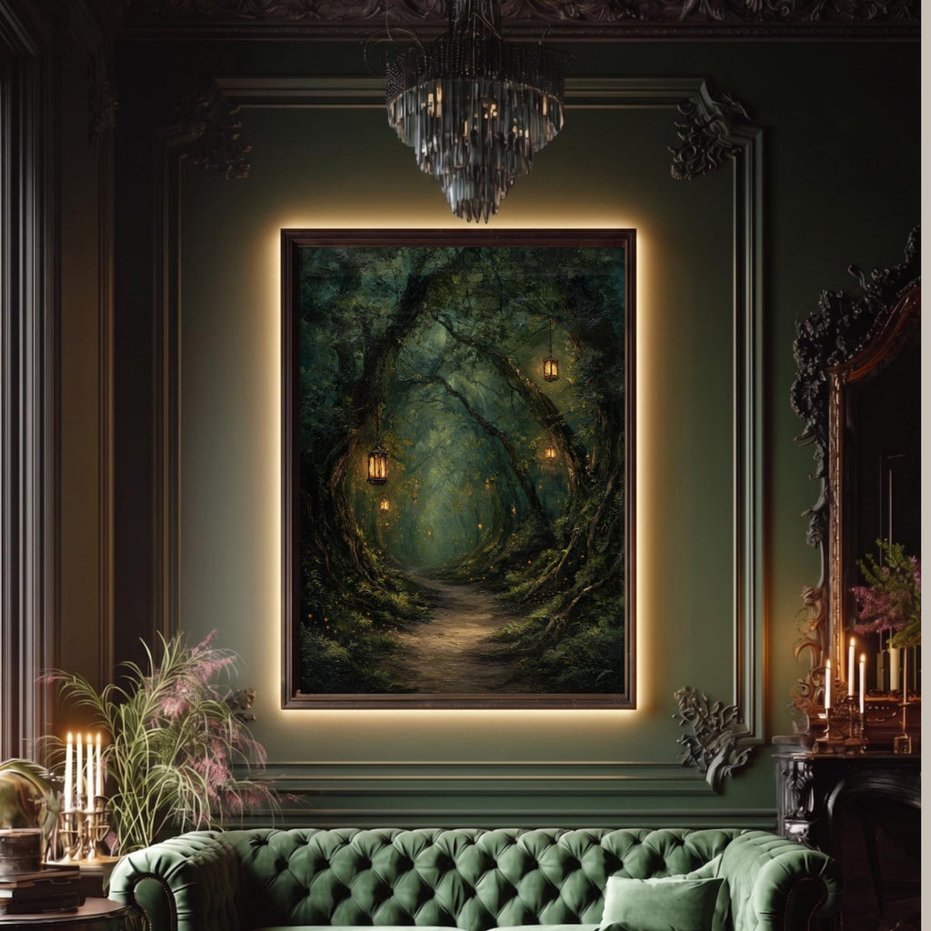Lanterns Lighting Tunnel Through Trees, Forest Path Wall Art, Enchanted Fantasy Woodland Print,