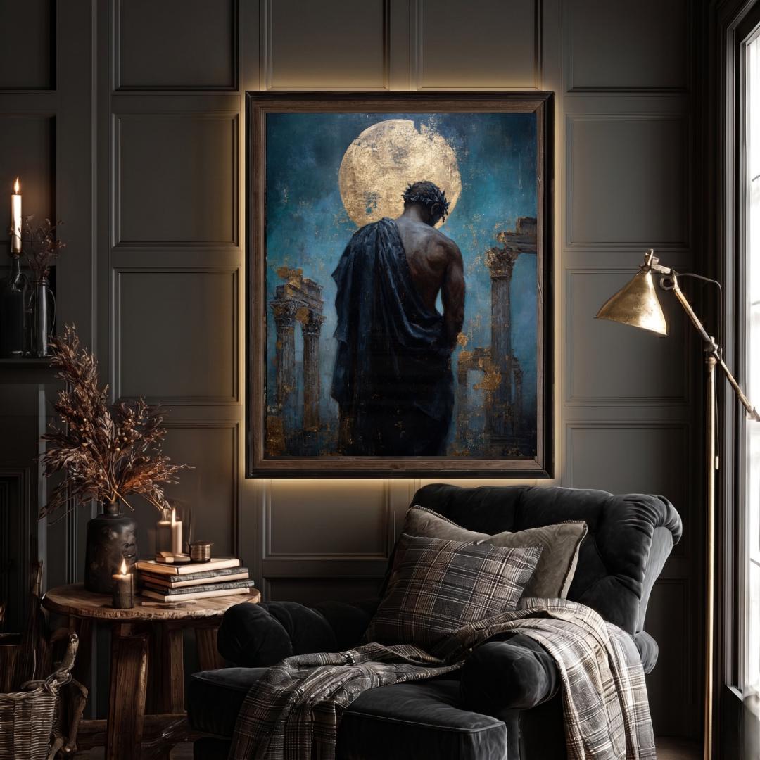 Greek God Wall Art Print, Celestial Mythology Painting, Dark Academia Moon Decor Artwork