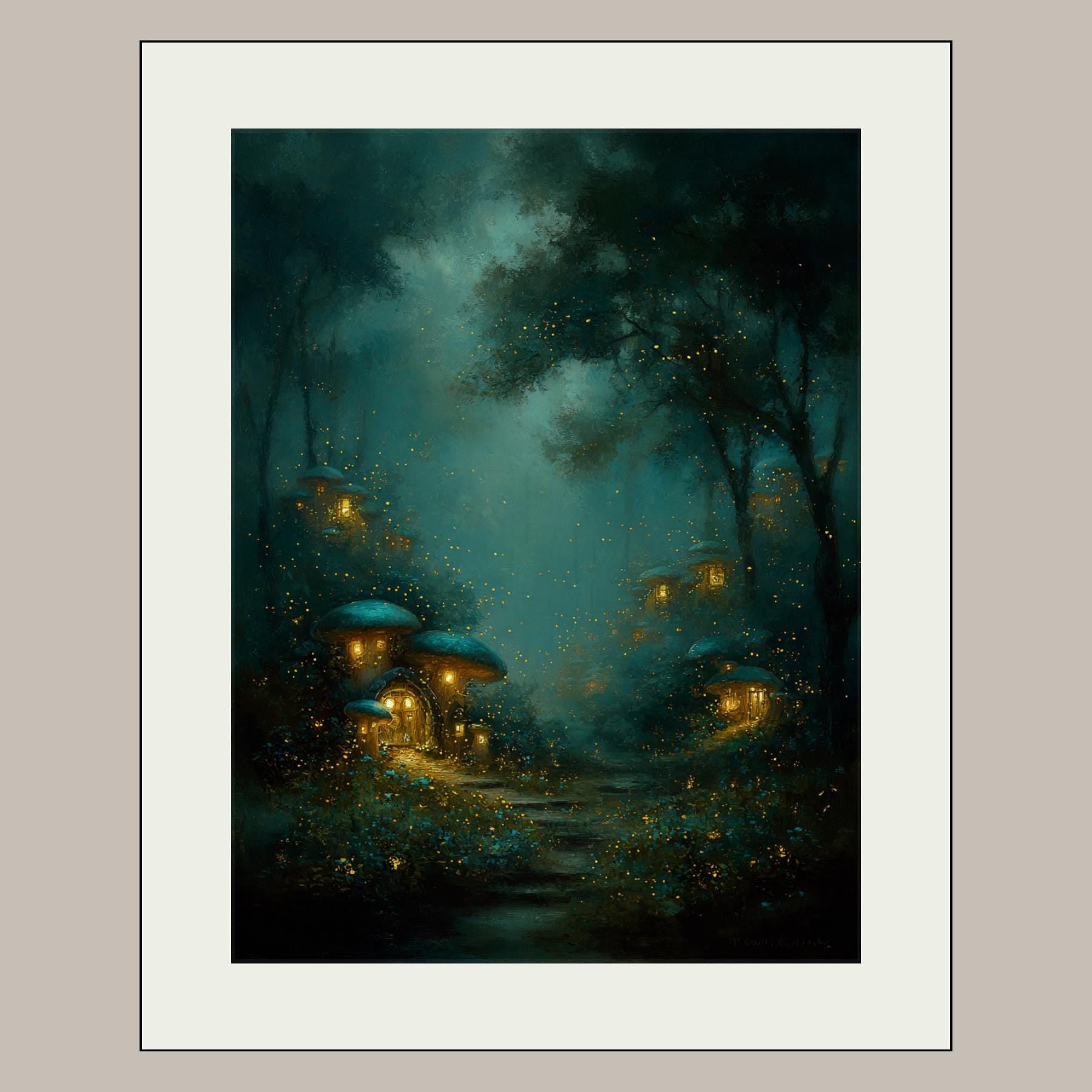 Enchanted Fairy Village Wall Art, Glowing Fireflies Forest Print, Magical Night Woodland Decor Secondary image