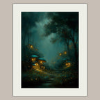 Enchanted Fairy Village Wall Art, Glowing Fireflies Forest Print, Magical Night Woodland Decor