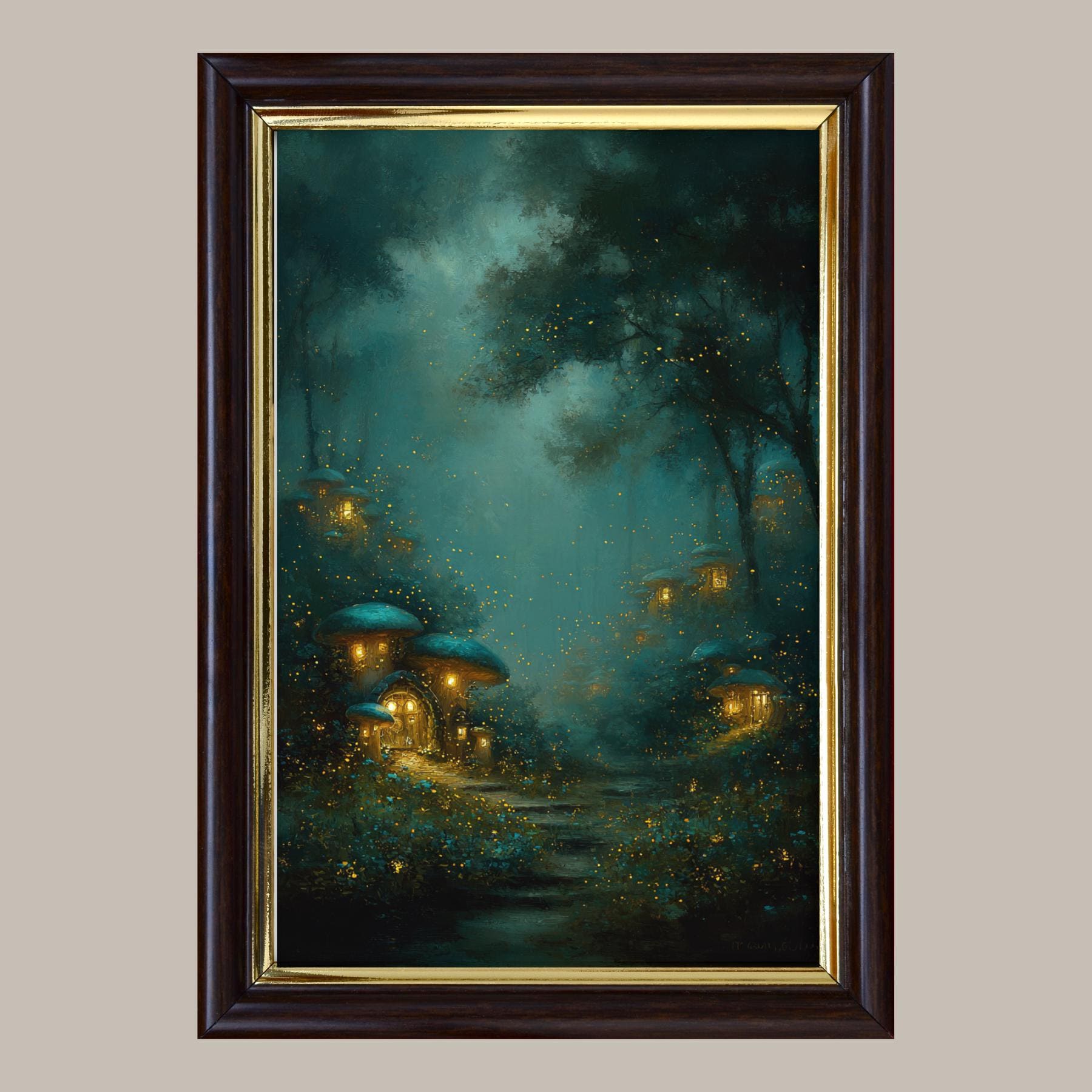 Enchanted Fairy Village Wall Art, Glowing Fireflies Forest Print, Magical Night Woodland Decor