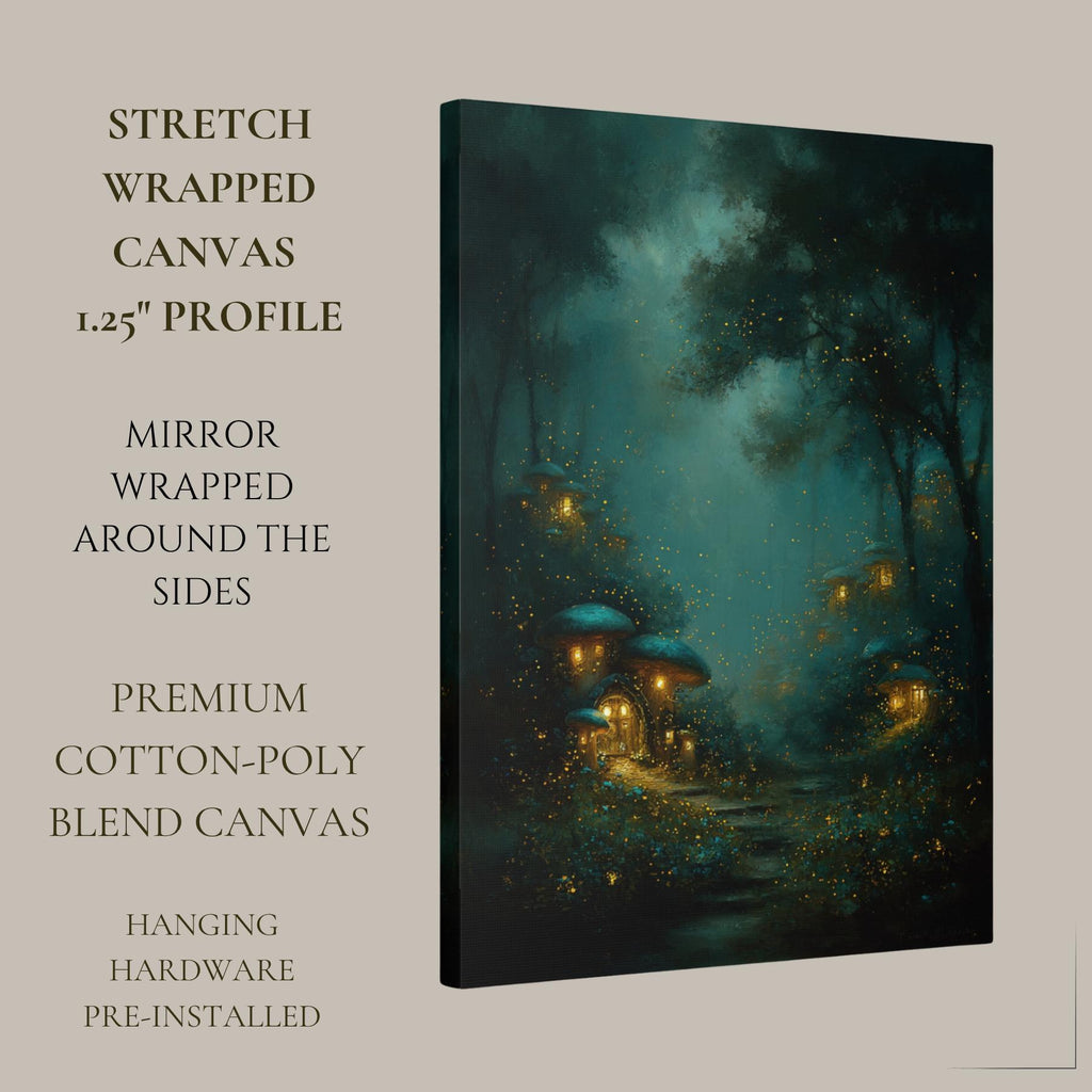 Enchanted Fairy Village Wall Art, Glowing Fireflies Forest Print, Magical Night Woodland Decor