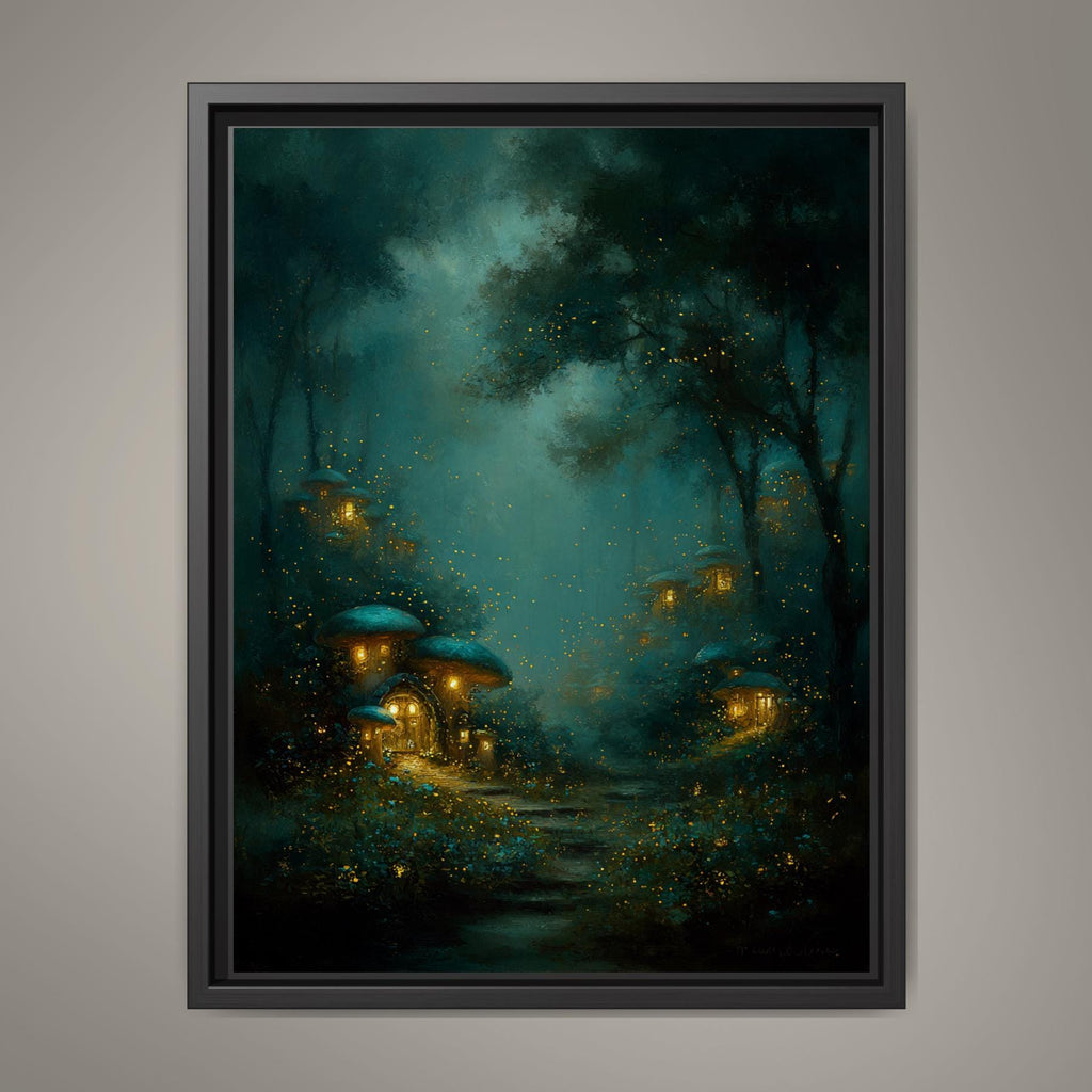 Enchanted Fairy Village Wall Art, Glowing Fireflies Forest Print, Magical Night Woodland Decor