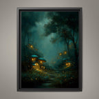 Enchanted Fairy Village Wall Art, Glowing Fireflies Forest Print, Magical Night Woodland Decor