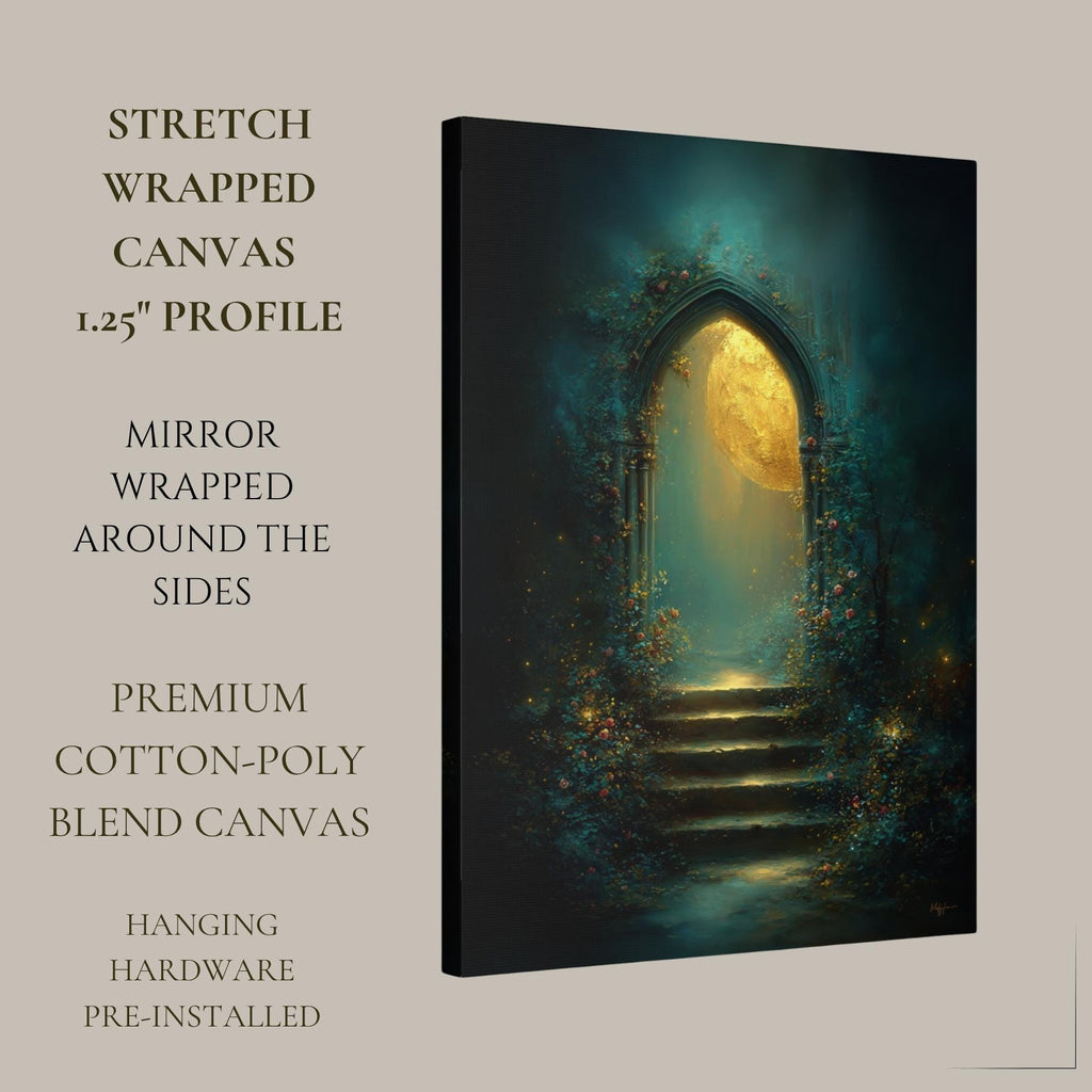 Golden Moon Through Gothic Archway Wall Art, Roses Around Arch Print, Enchanted Stairway Decor