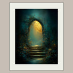 Golden Moon Through Gothic Archway Wall Art, Roses Around Arch Print, Enchanted Stairway Decor