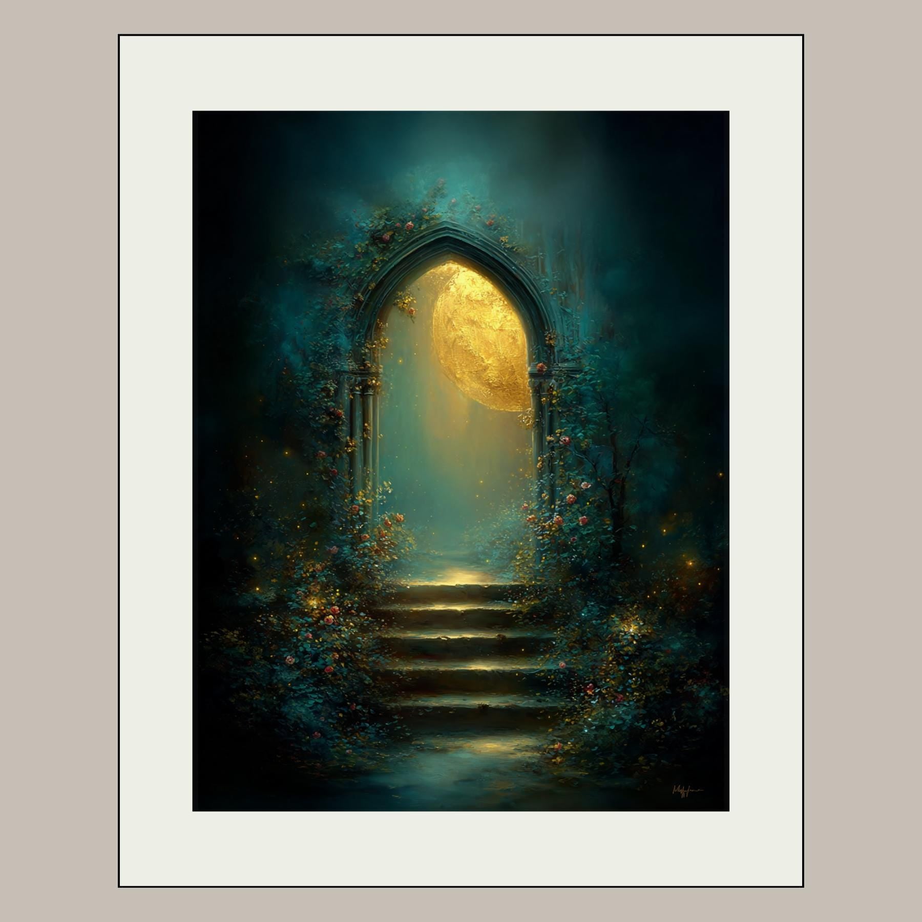 Golden Moon Through Gothic Archway Wall Art, Roses Around Arch Print, Enchanted Stairway Decor