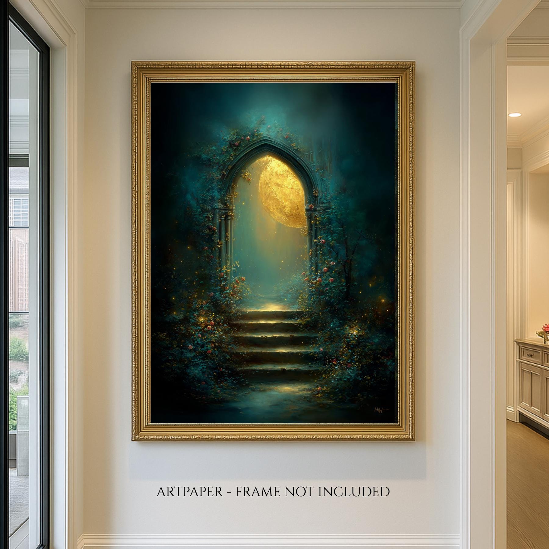 Golden Moon Through Gothic Archway Wall Art, Roses Around Arch Print, Enchanted Stairway Decor
