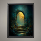 Golden Moon Through Gothic Archway Wall Art, Roses Around Arch Print, Enchanted Stairway Decor