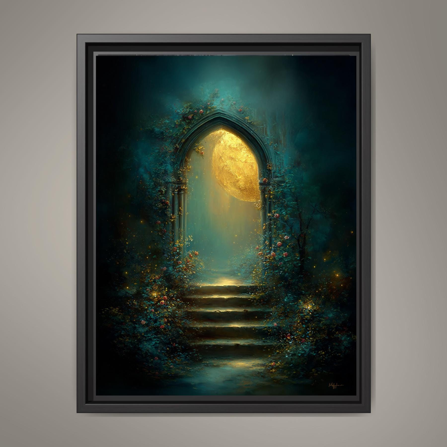 Golden Moon Through Gothic Archway Wall Art, Roses Around Arch Print, Enchanted Stairway Decor