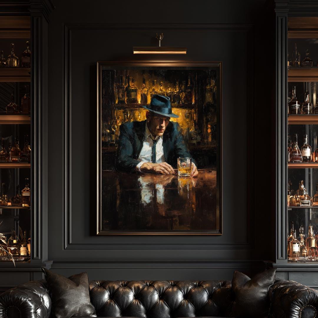Gangster Wall Art Print, Vintage Speakeasy Bar Painting, Noir Masculine Decor Artwork Secondary image