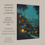 Enchanted Toadstool Cottages Wall Art Print, Fairy Village Glowing Woodland Nightime Painting