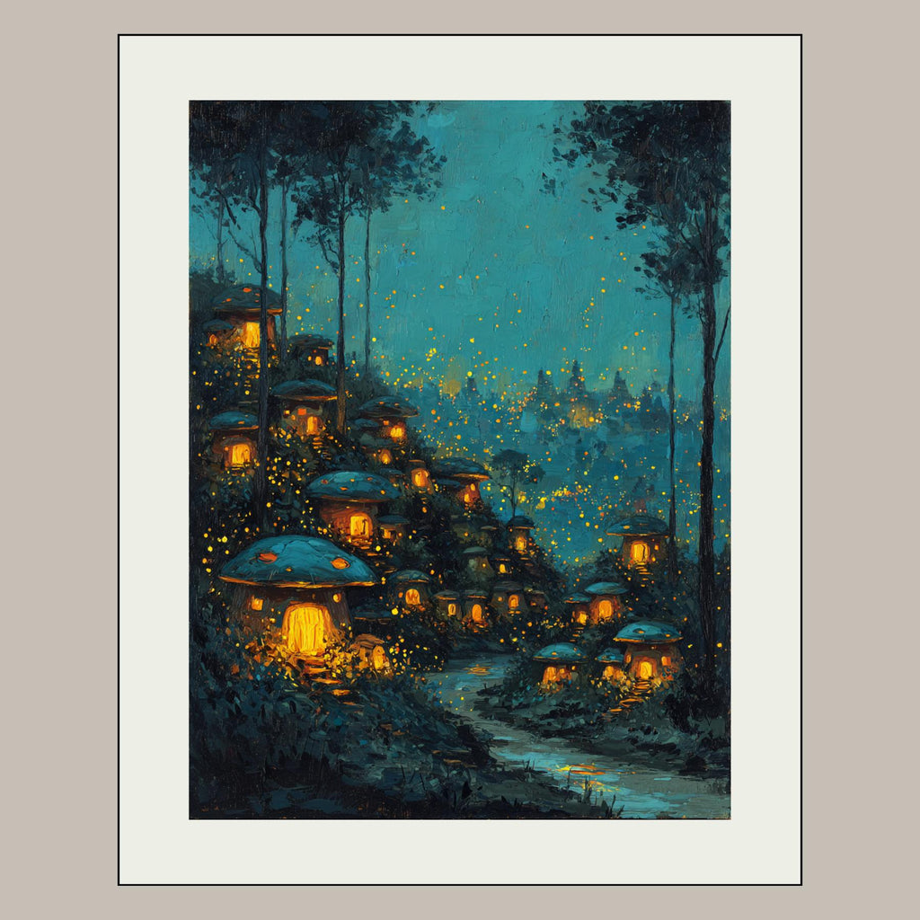 Enchanted Toadstool Cottages Wall Art Print, Fairy Village Glowing Woodland Nightime Painting