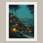 Enchanted Toadstool Cottages Wall Art Print, Fairy Village Glowing Woodland Nightime Painting