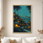 Enchanted Toadstool Cottages Wall Art Print, Fairy Village Glowing Woodland Nightime Painting