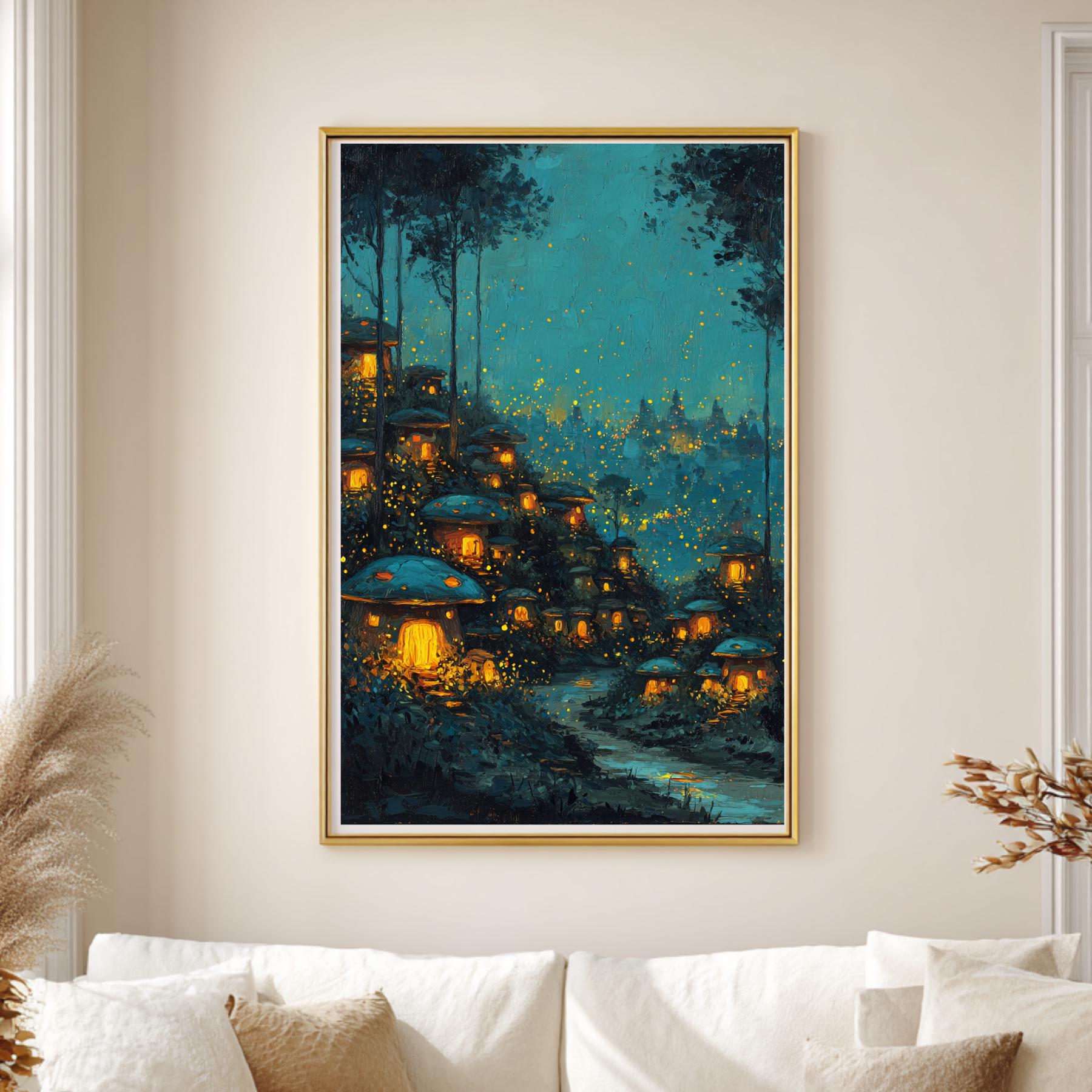 Enchanted Toadstool Cottages Wall Art Print, Fairy Village Glowing Woodland Nightime Painting