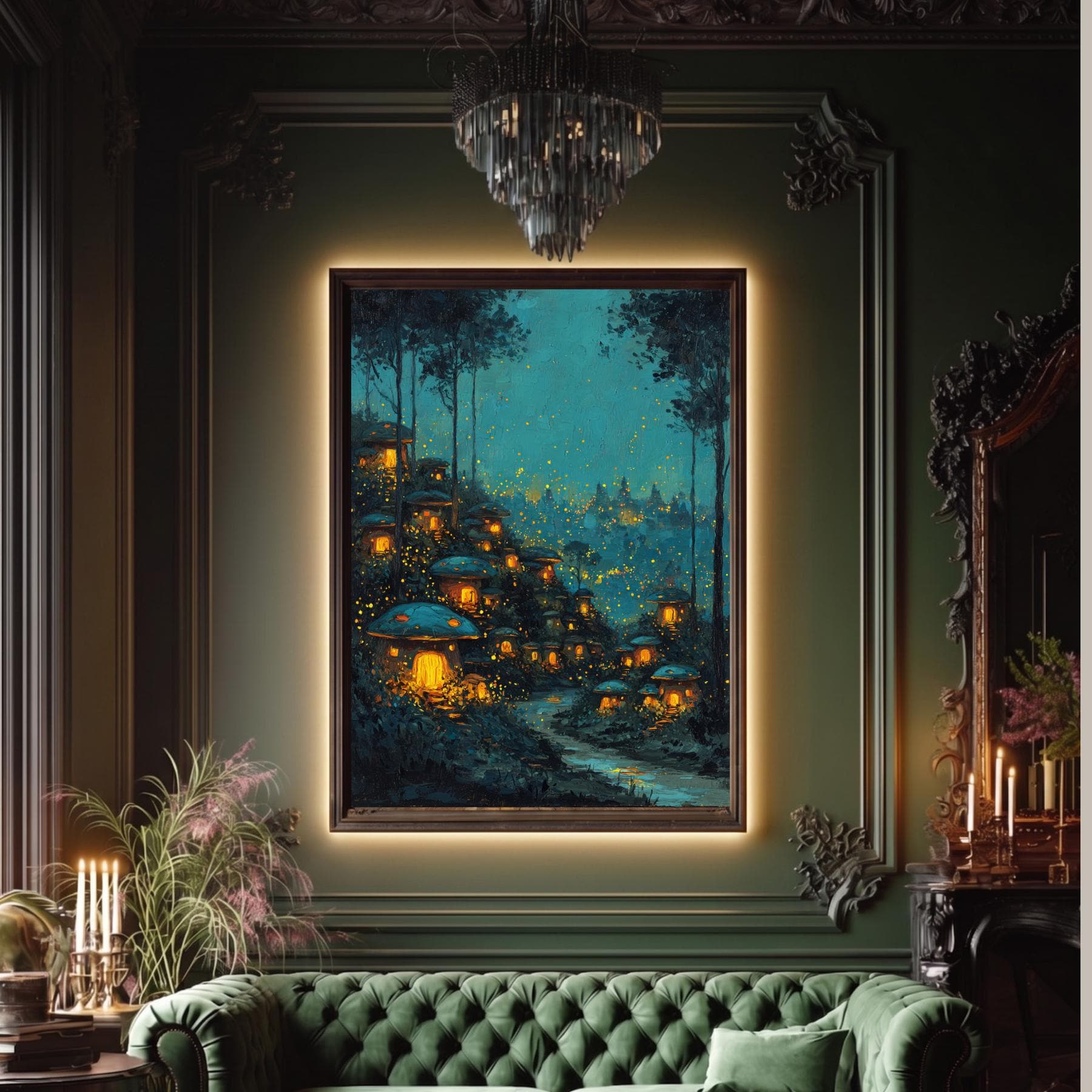 Enchanted Toadstool Cottages Wall Art Print, Fairy Village Glowing Woodland Nightime Painting
