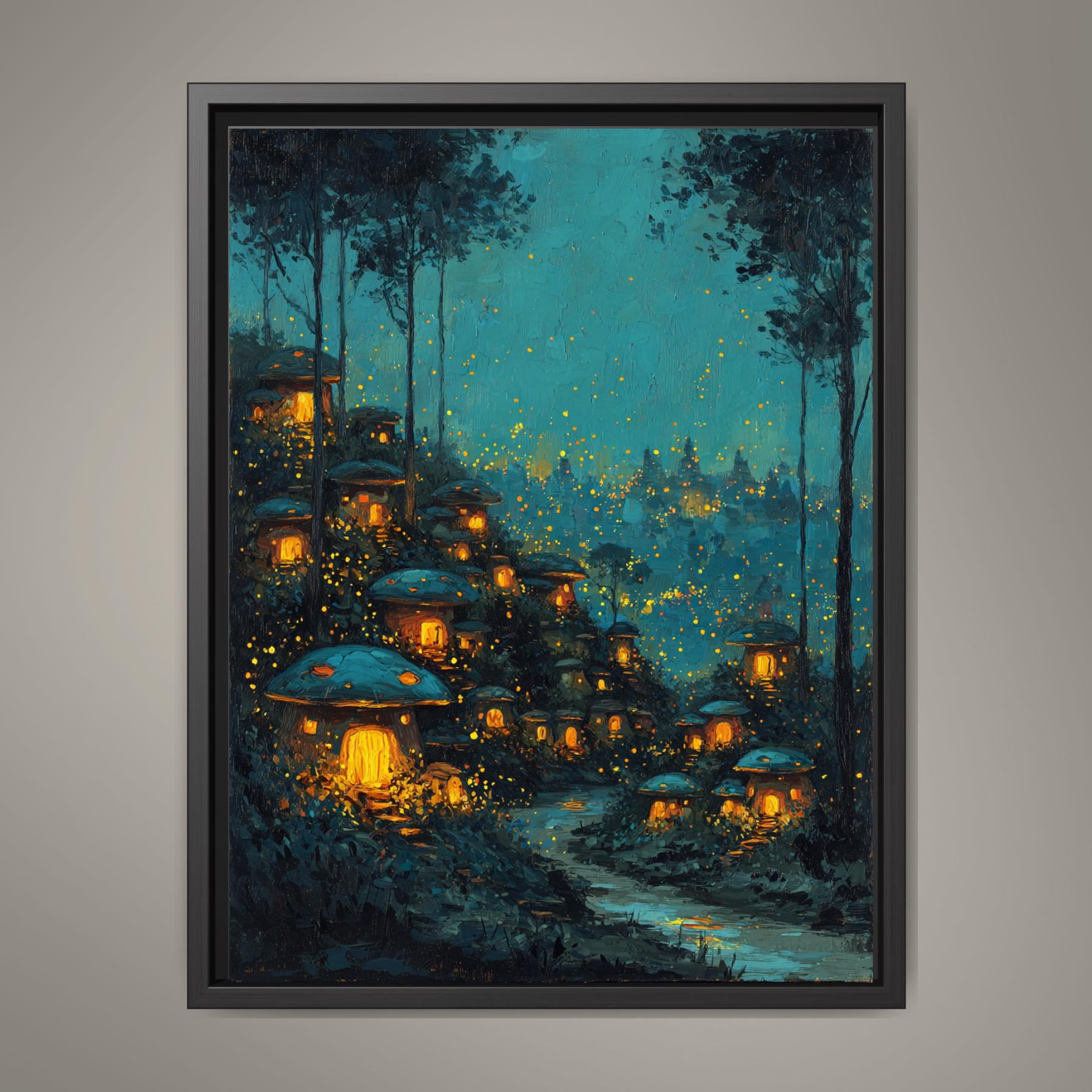 Enchanted Toadstool Cottages Wall Art Print, Fairy Village Glowing Woodland Nightime Painting Main image