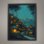 Enchanted Toadstool Cottages Wall Art Print, Fairy Village Glowing Woodland Nightime Painting