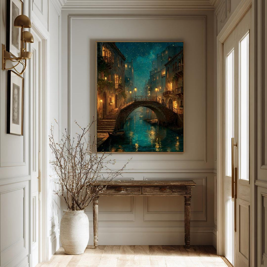 Venice Canal Wall Art Print, Moonlit Venetian Bridge Painting, Romantic Italian Nightscape Decor