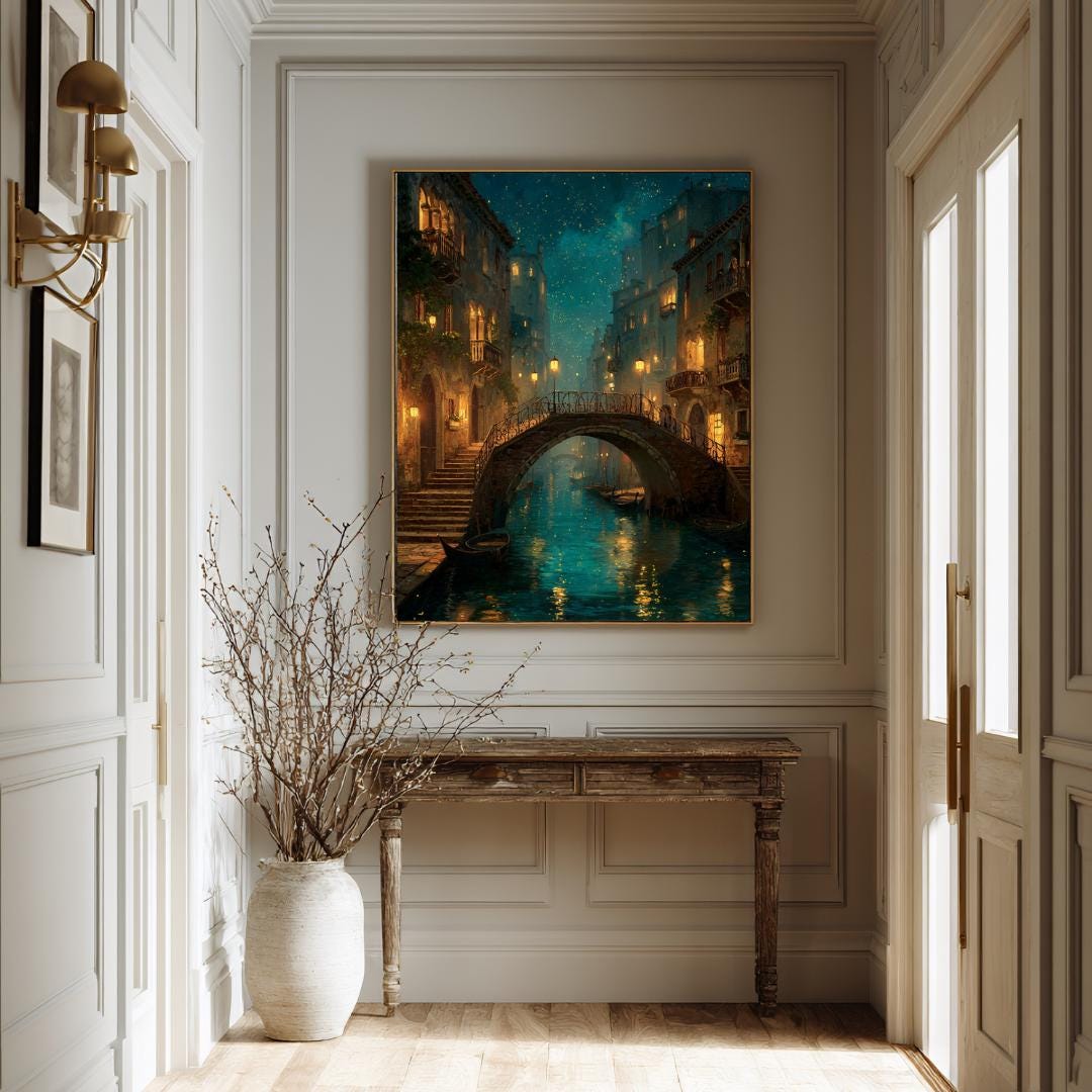 Venice Canal Wall Art Print, Moonlit Venetian Bridge Painting, Romantic Italian Nightscape Decor