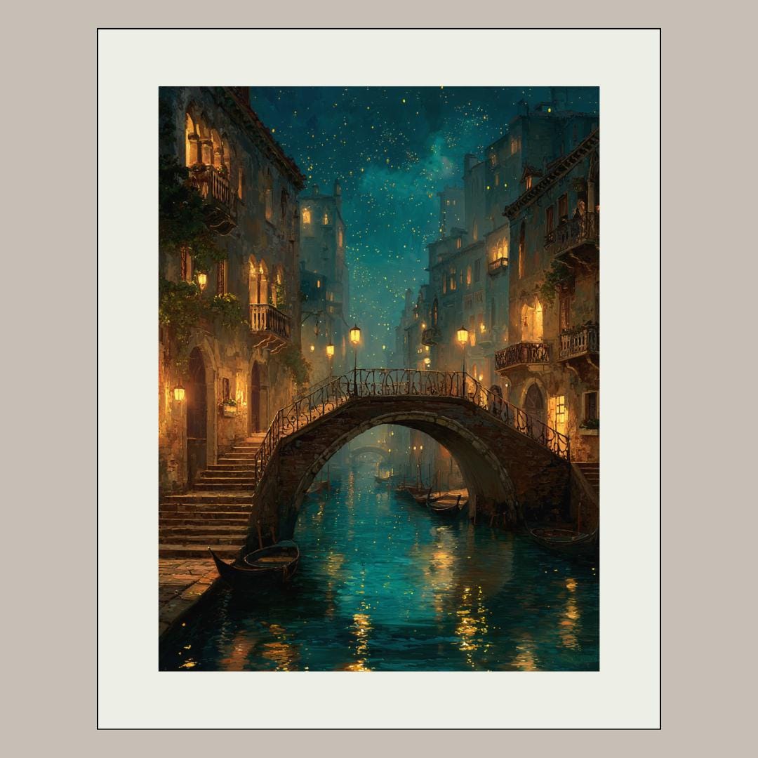 Venice Canal Wall Art Print, Moonlit Venetian Bridge Painting, Romantic Italian Nightscape Decor