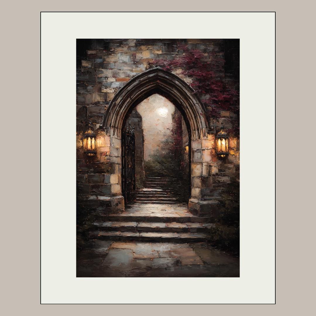 Gothic Archway Wall Art Print, Moonlit Stone Steps, Dark Academia