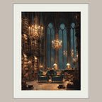 Gothic Library Wall Art Print, Dark Academia Reading Room, Chandeliers Arched Windows Painting Decor