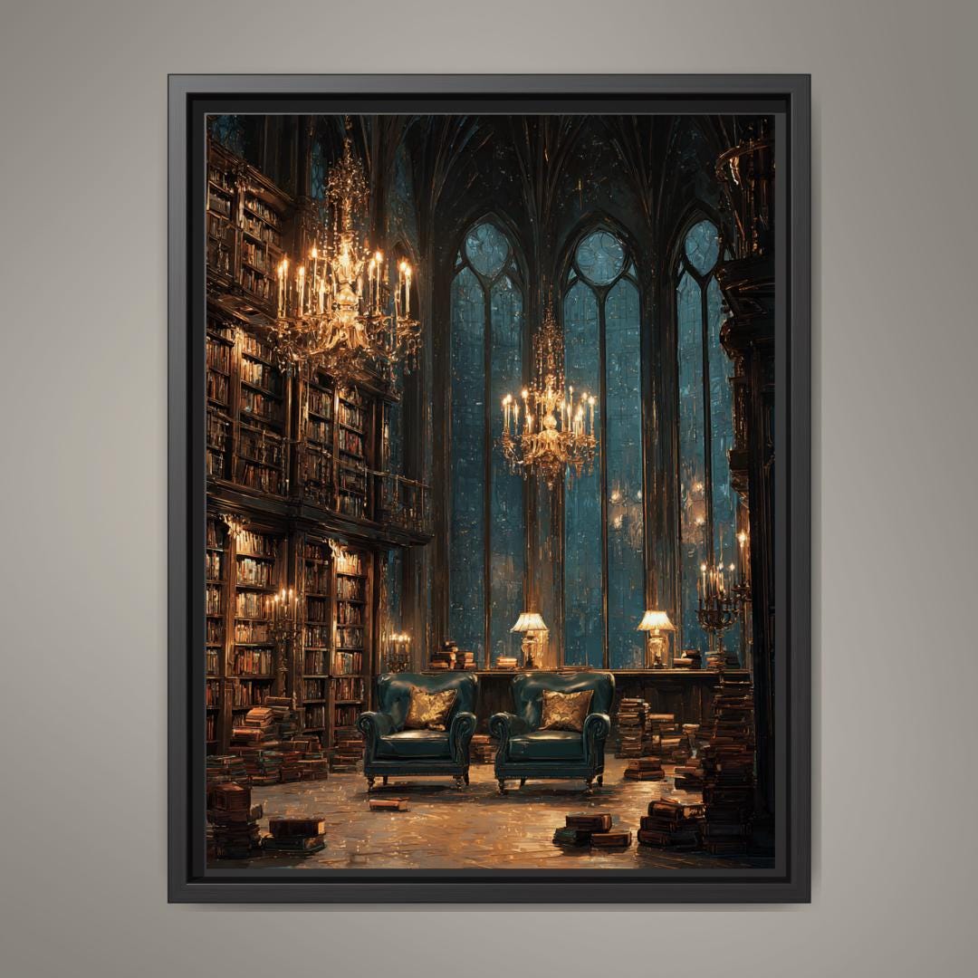 Gothic Library Wall Art Print, Dark Academia Reading Room, Chandeliers Arched Windows Painting Decor