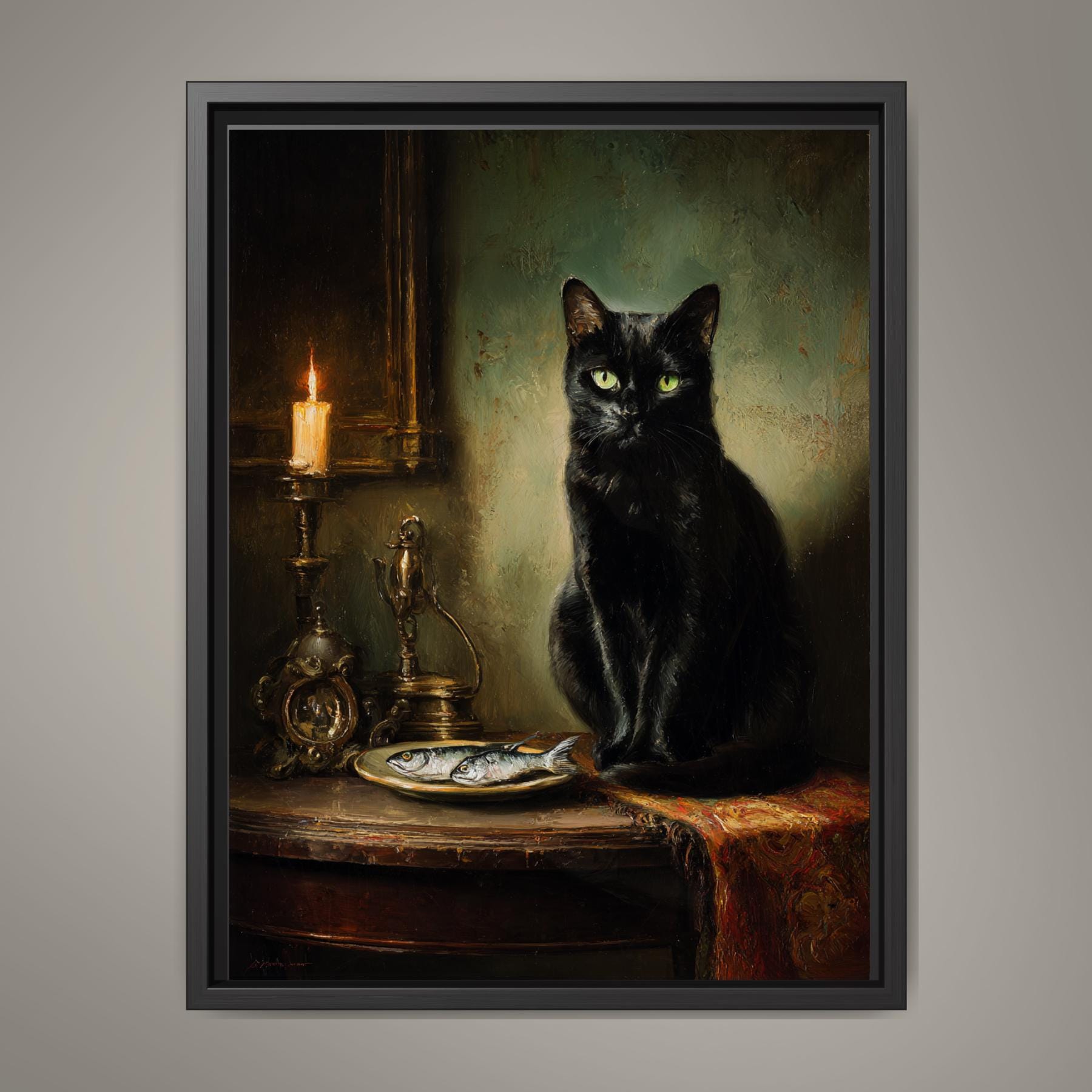 Black Cat with Fish Wall Art Print, Vintage Witchy Painting, Animal Lover Gift Main image