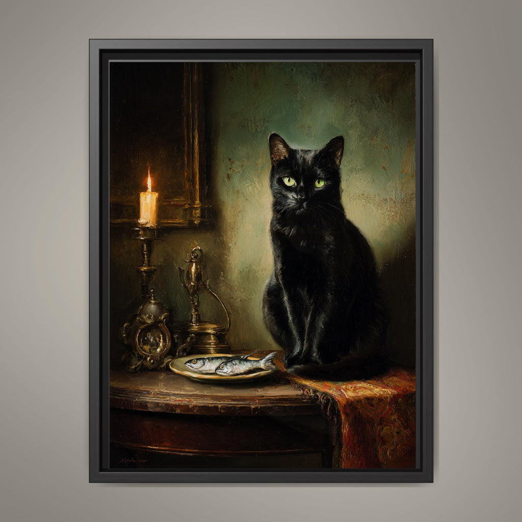 Black Cat with Fish Wall Art Print, Vintage Witchy Painting, Animal Lover Gift