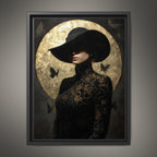 Woman in Black Hat Wall Art Print, Golden Moon and Butterflies, Moody Artwork Painting