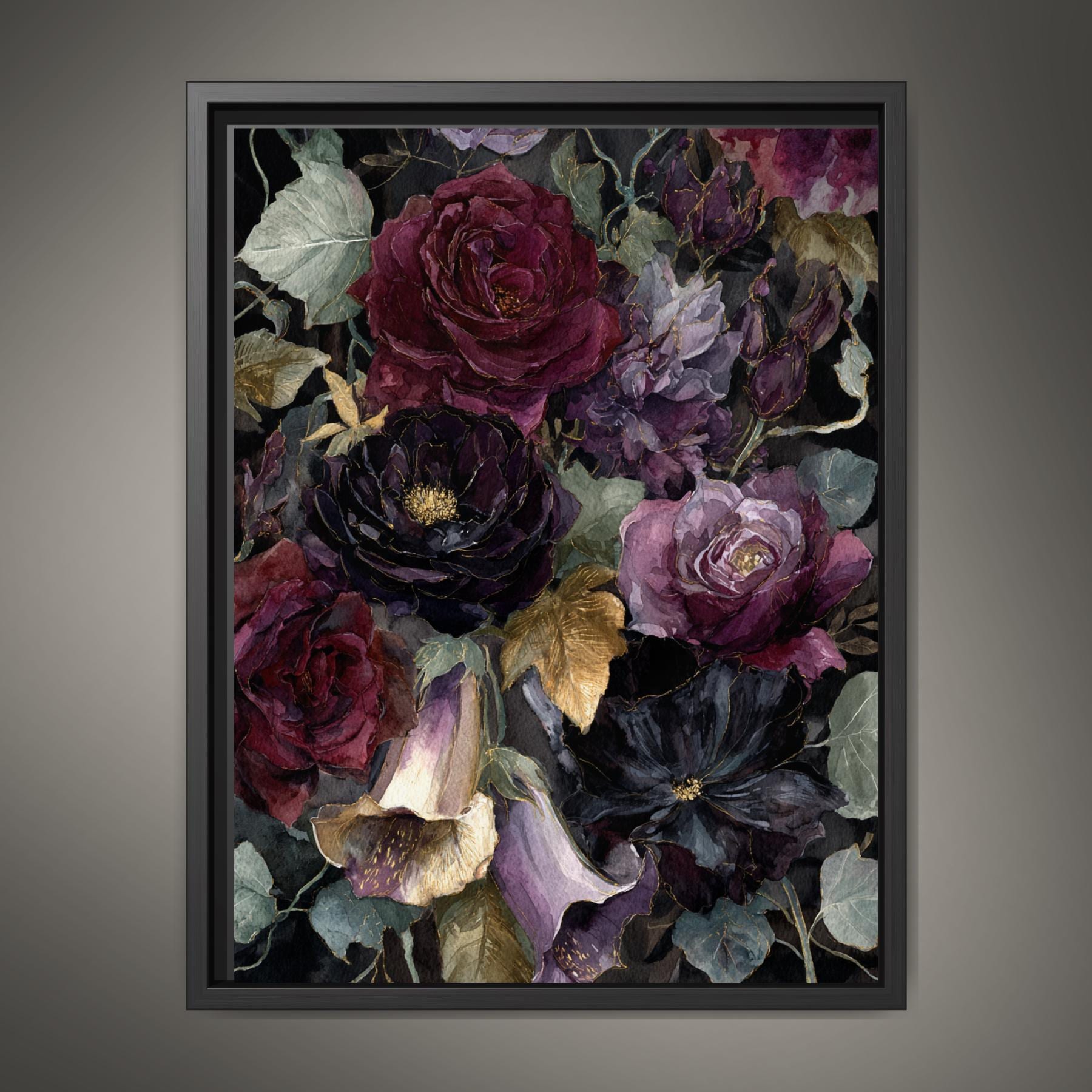 Dark Floral Wall Art Print, Moody Roses and Lilies Painting, Gothic Flower Decor Main image