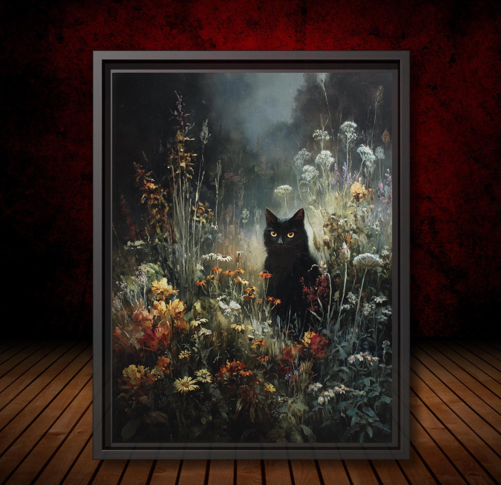 Vintage Black Cat Wall Art Print, Oil Painted Style Wildflowers Moonlit Night Painting