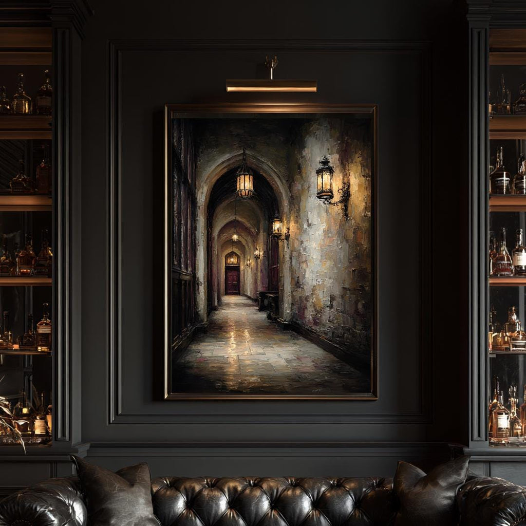 Candlelit Stone Hallway Wall Art, Gothic Corridor Print, Dark Academia Printed Artwork